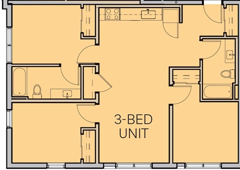 Floor plan for 3 beds, 2 baths, 1206 sqft